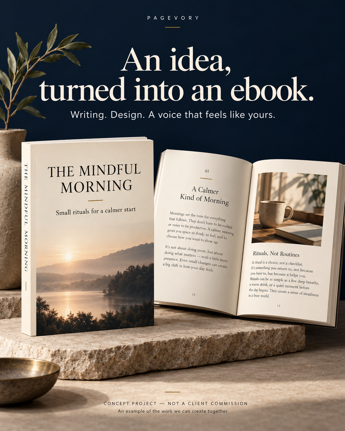 Illustrative The Mindful Morning ebook cover and interior design; a concept project, not a client commission